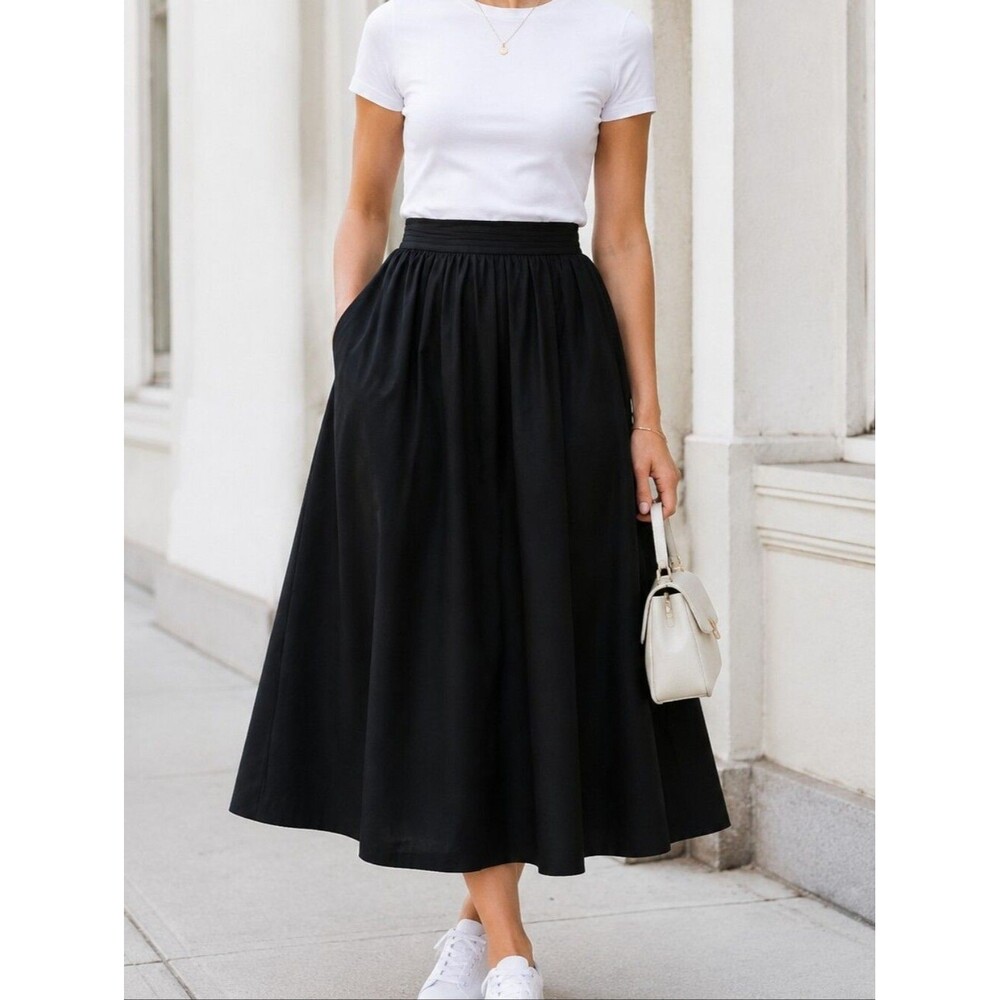 Black Front Pleat Fit Flair Skirt S Below Knee Modest Zip Back Maxi Midi Whimsig